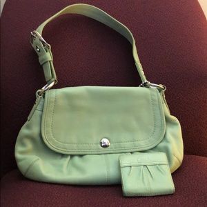 Light green satchel Coach purse with wallet